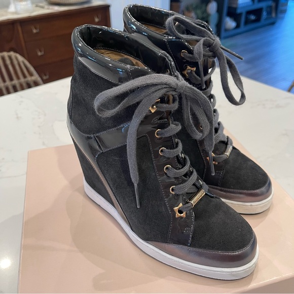 🎉HOST PICK🎉Jimmy Choo grey suede & pattern leather wedge Panama sneaker in box - Picture 6 of 16